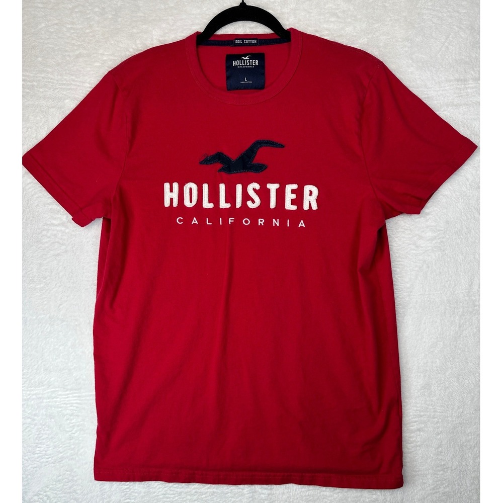 Hollister Graphic T-Shirt Mens Large Red Embroidered Logo Cotton Short Sleeve